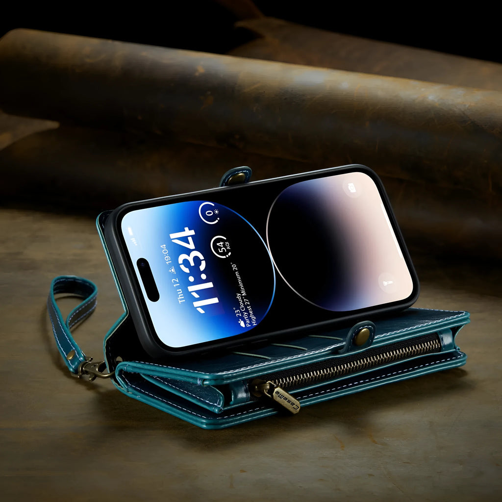Wallet phone case in black imitation leather with card slots, bracket, and lanyard, designed for iPhone 12 to 15 series