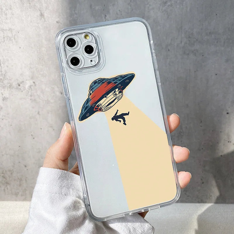 UFO astronaut transparent soft TPU phone case for Apple iPhone, all-wrapped anti-fall cover with clear astronaut design