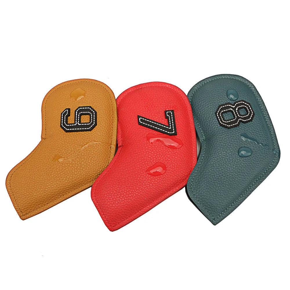 Set of 10 assorted colour digitally printed PU golf club head covers for drivers and irons.