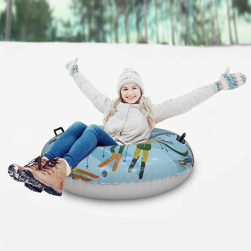 PVC winter skiing ring toy in thick plastic with flame red, ice-blue, and snow mountain printed designs.
