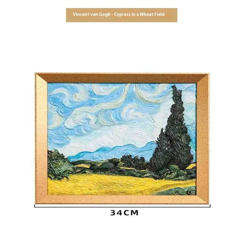 DIY filled oil painting craft kit with epoxy clay base, acrylic paints, and brushes for creating textured Van Gogh or Monet art reproductions.