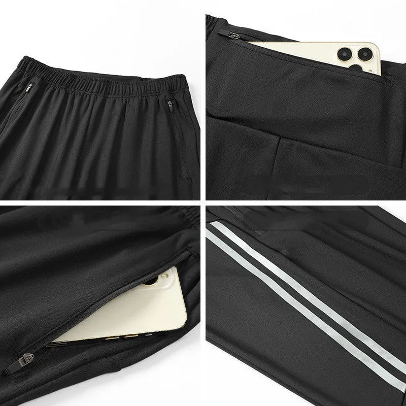 Men's black breathable polyester running trousers with a mid-waist design.