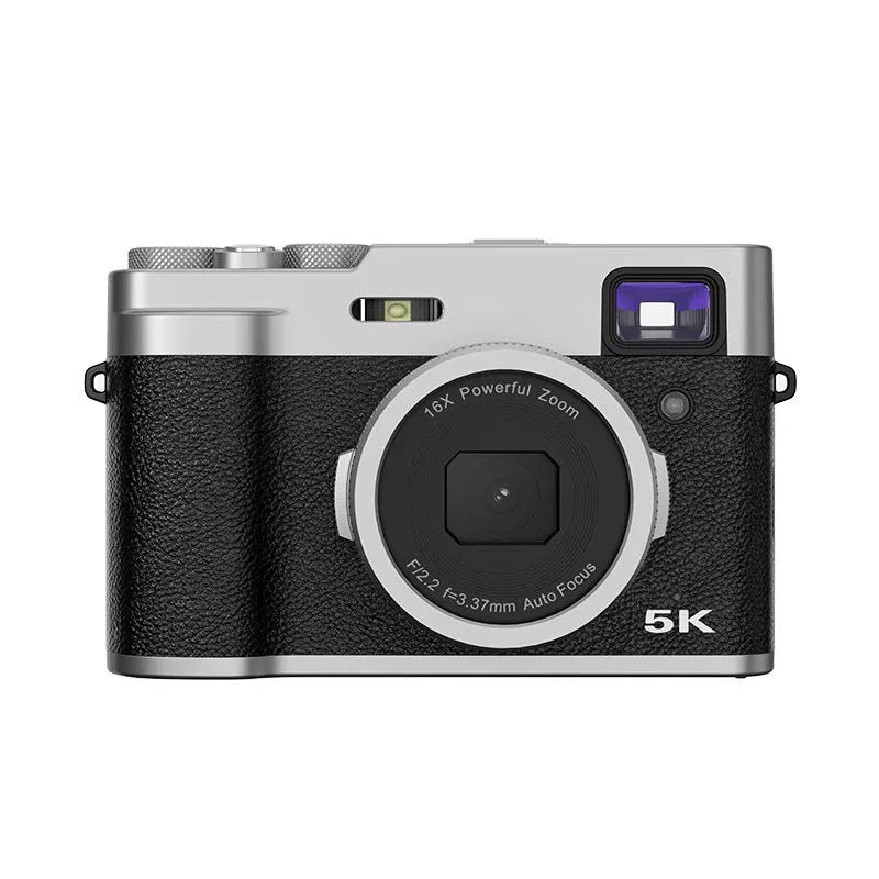 Black 5K digital camera with front and rear lenses, optical viewfinder, and 2.88-inch screen on a strap.
