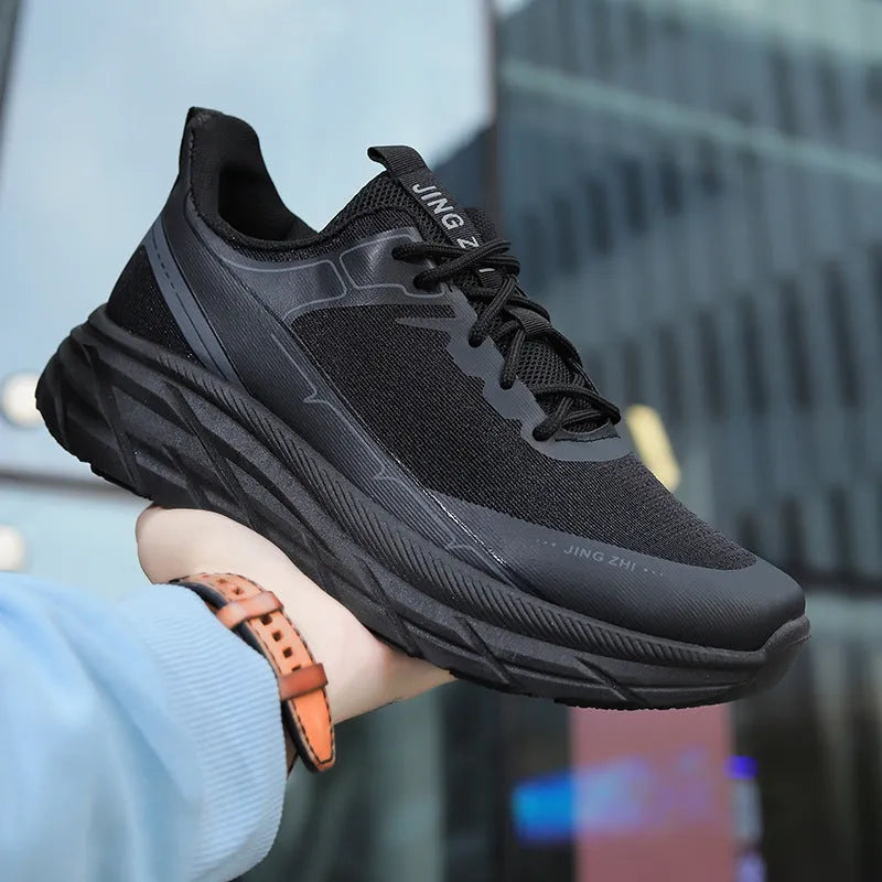 Men's thick-soled anti-skid lace-up casual sneakers in black with rubber sole and PU upper
