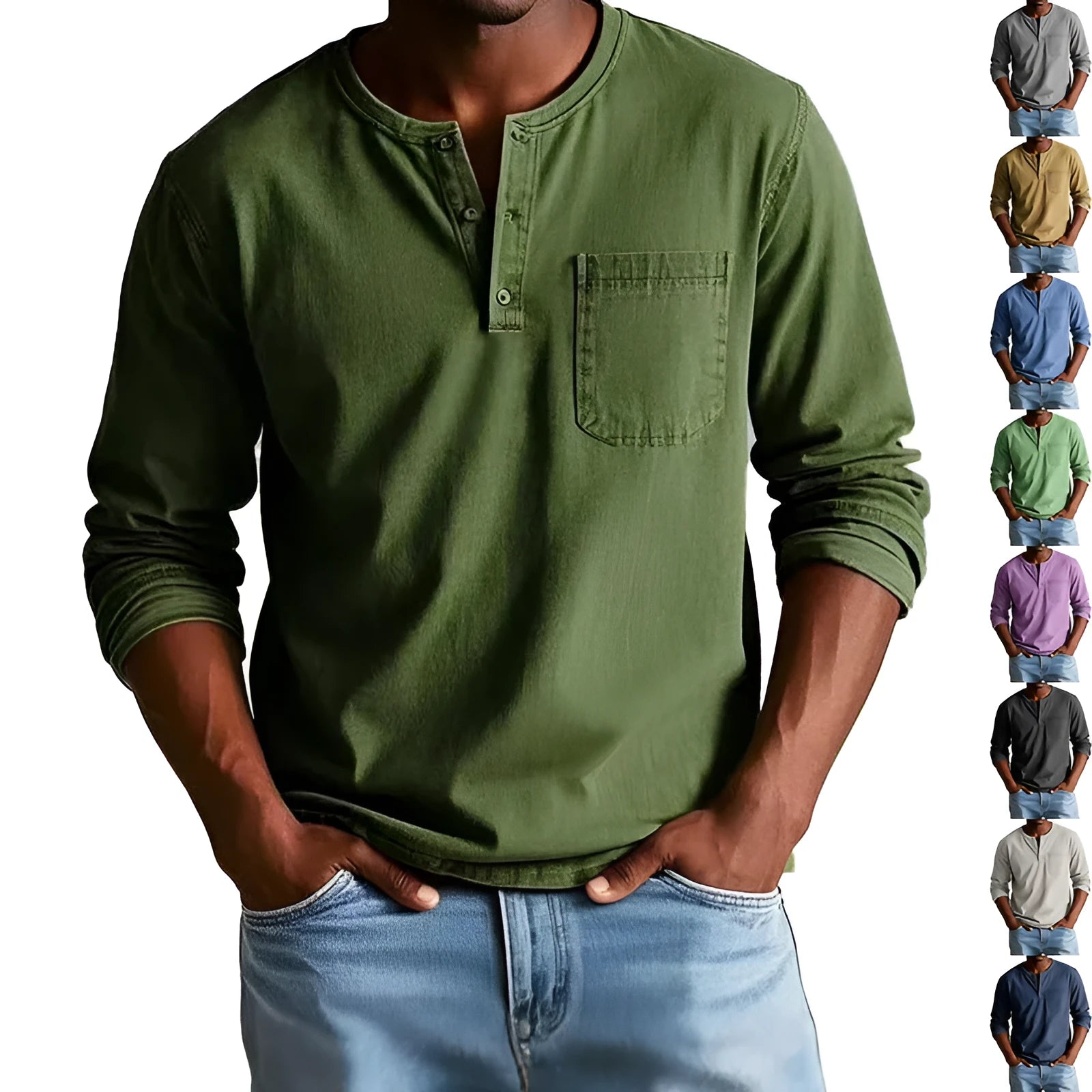 V-neck long-sleeved T-shirt with button design in solid colour, men's casual polyester pullover