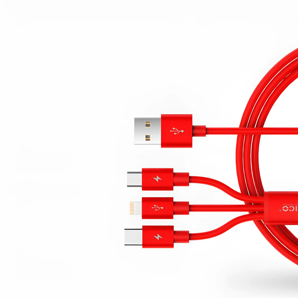 3-in-1 charging cable with USB-C, Micro-USB, and Lightning connectors, 1.2m, black/red/blue