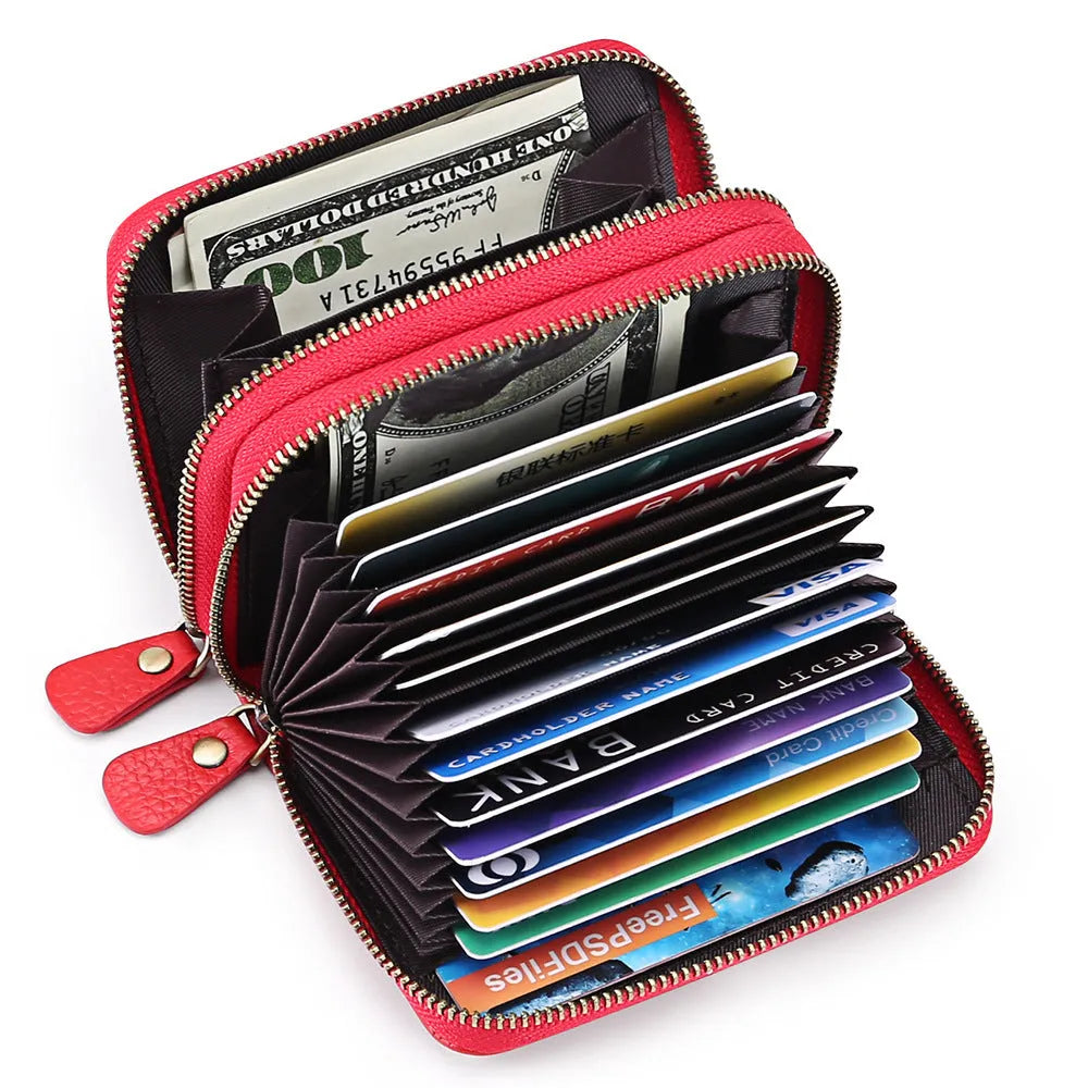 Genuine cowhide leather double layer card holder with zipper, shown in red colour with gift box.