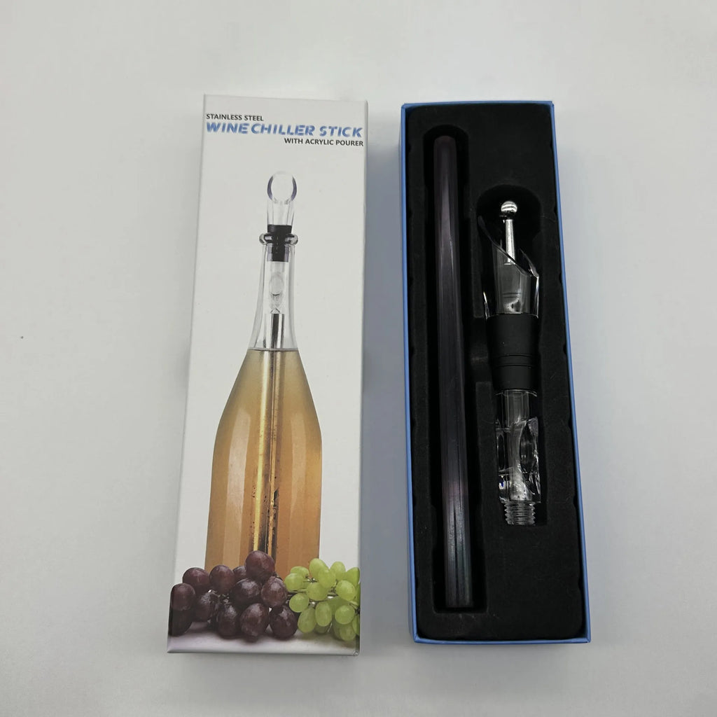 Stainless steel wine chilling rod with integrated drip-free pourer and aerator, shown in silver finish