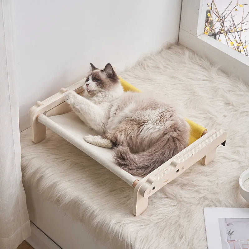 Solid wood cat bed with removable cushion in grey pink colour option