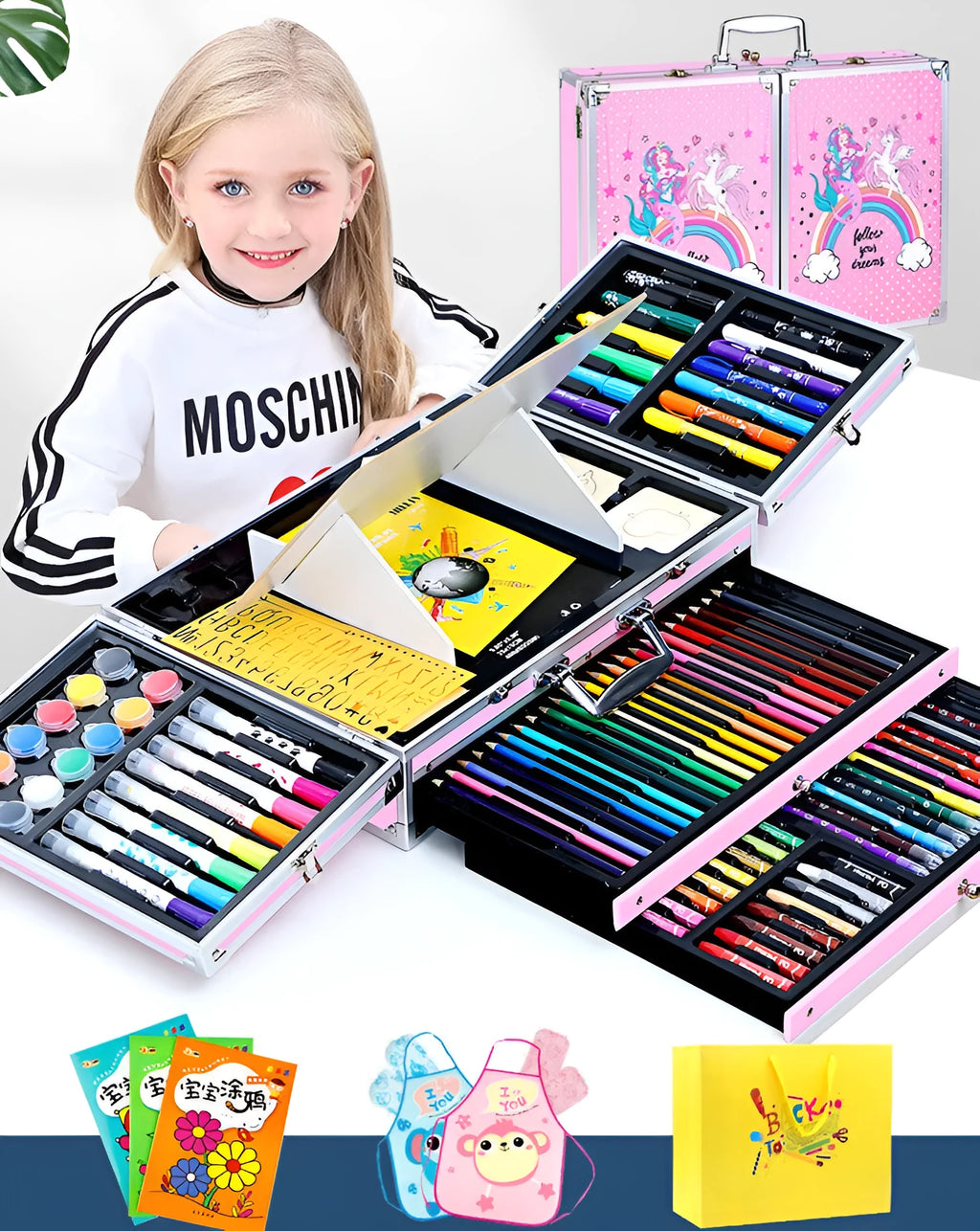 Creative birthday gift for girls ten years old, 3-layer pink aluminium box set with doodle pen set, plastic construction