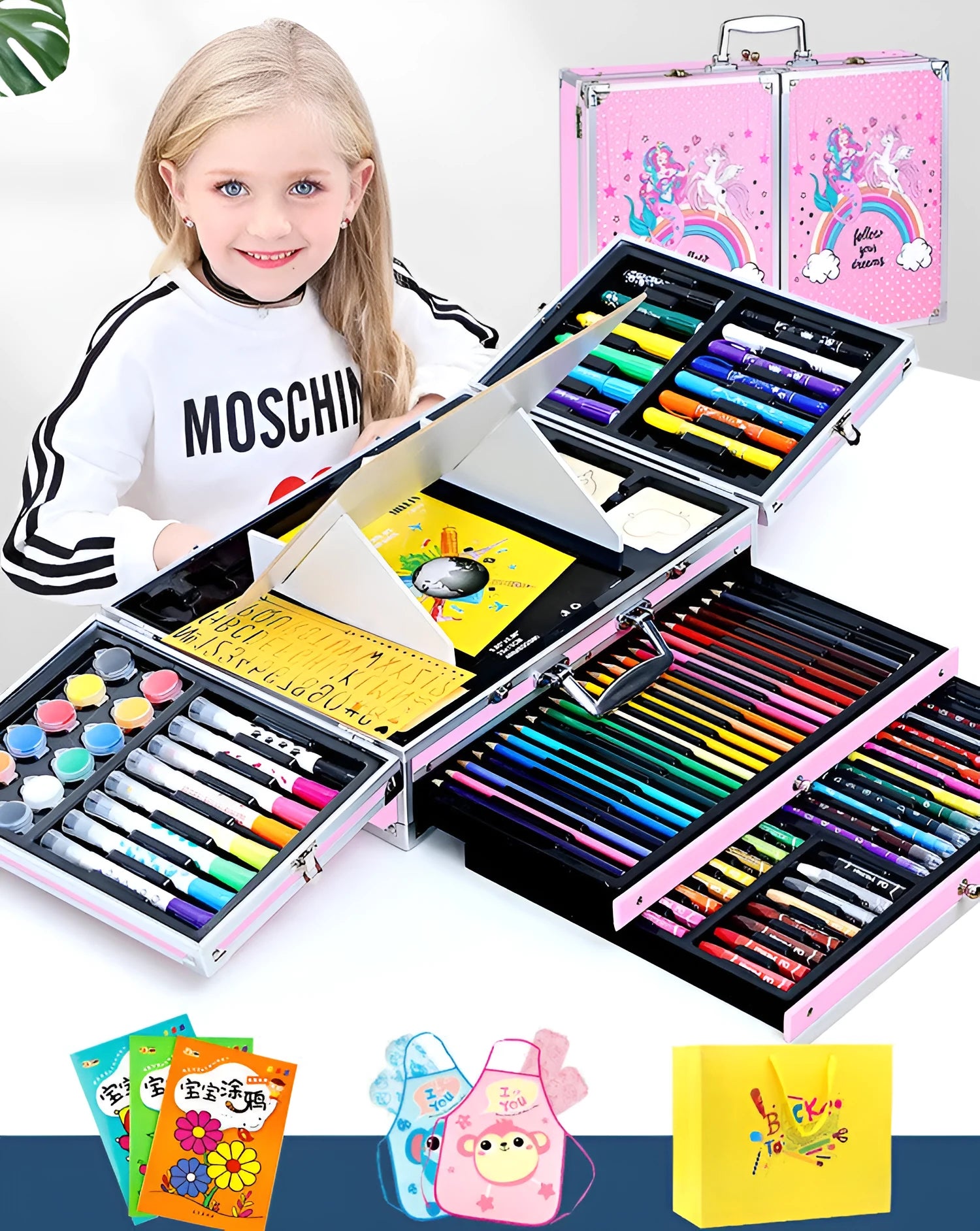 Creative birthday gift for girls ten years old, 3-layer pink aluminium box set with doodle pen set, plastic construction