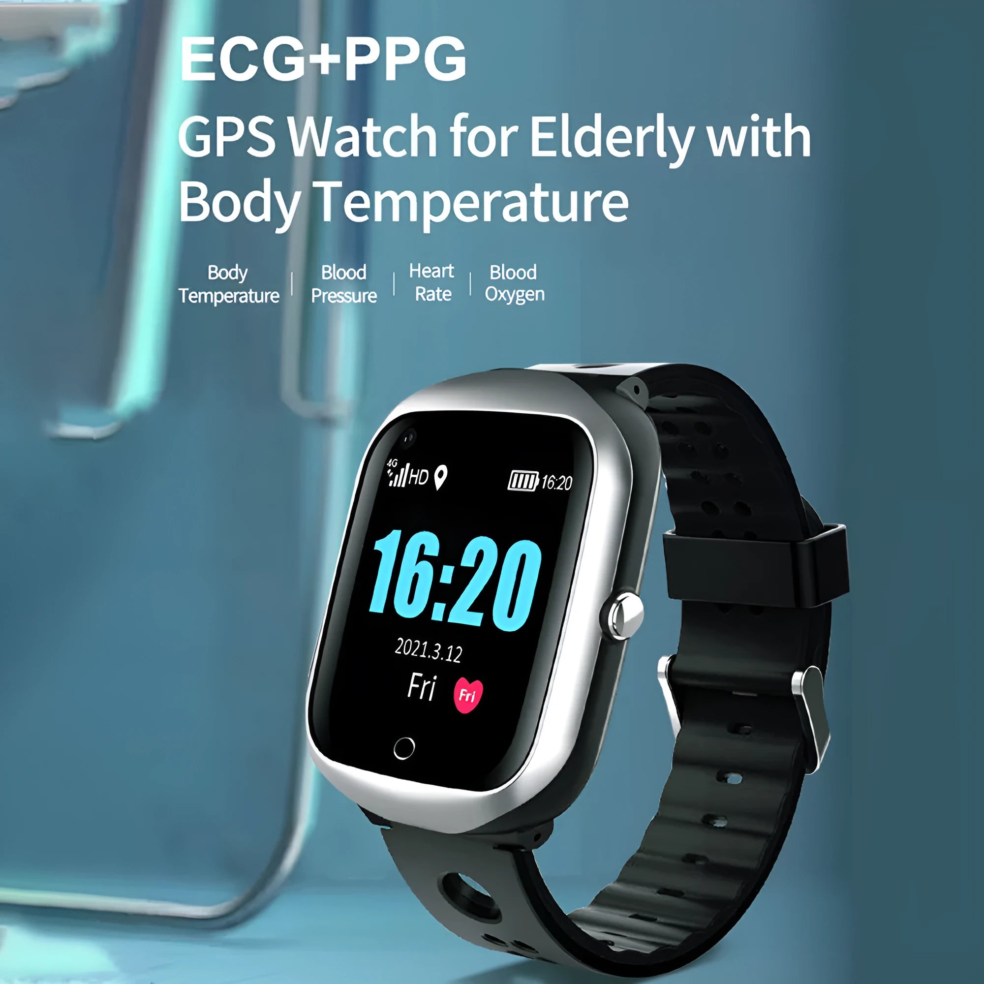 Black smartwatch for elderly with square colour screen and silicone strap, showing GPS and SOS features.