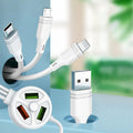 White 3-in-1 USB fast charge cable with micro USB and TYPE-C connectors on a 1.2 metre PVC cord.