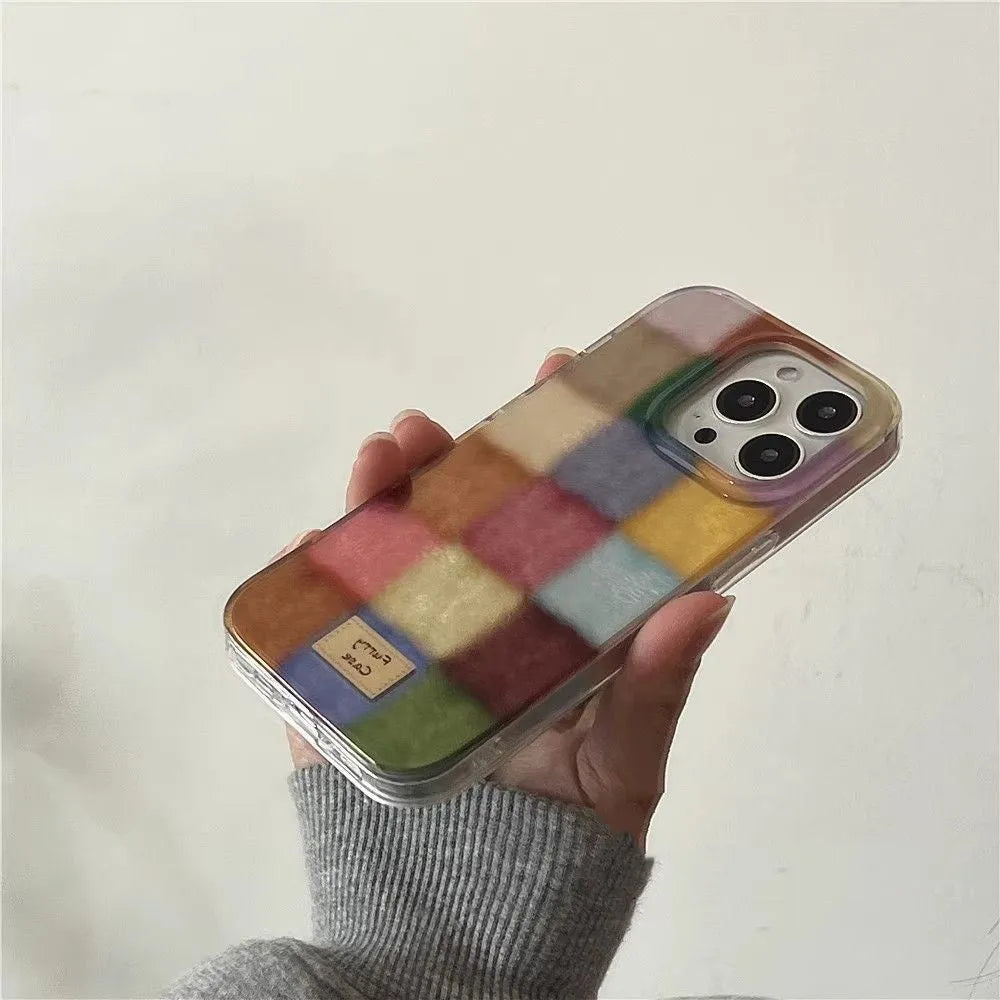 All-inclusive silicone phone case with feather yarn IMD retro small squares design for iPhone models