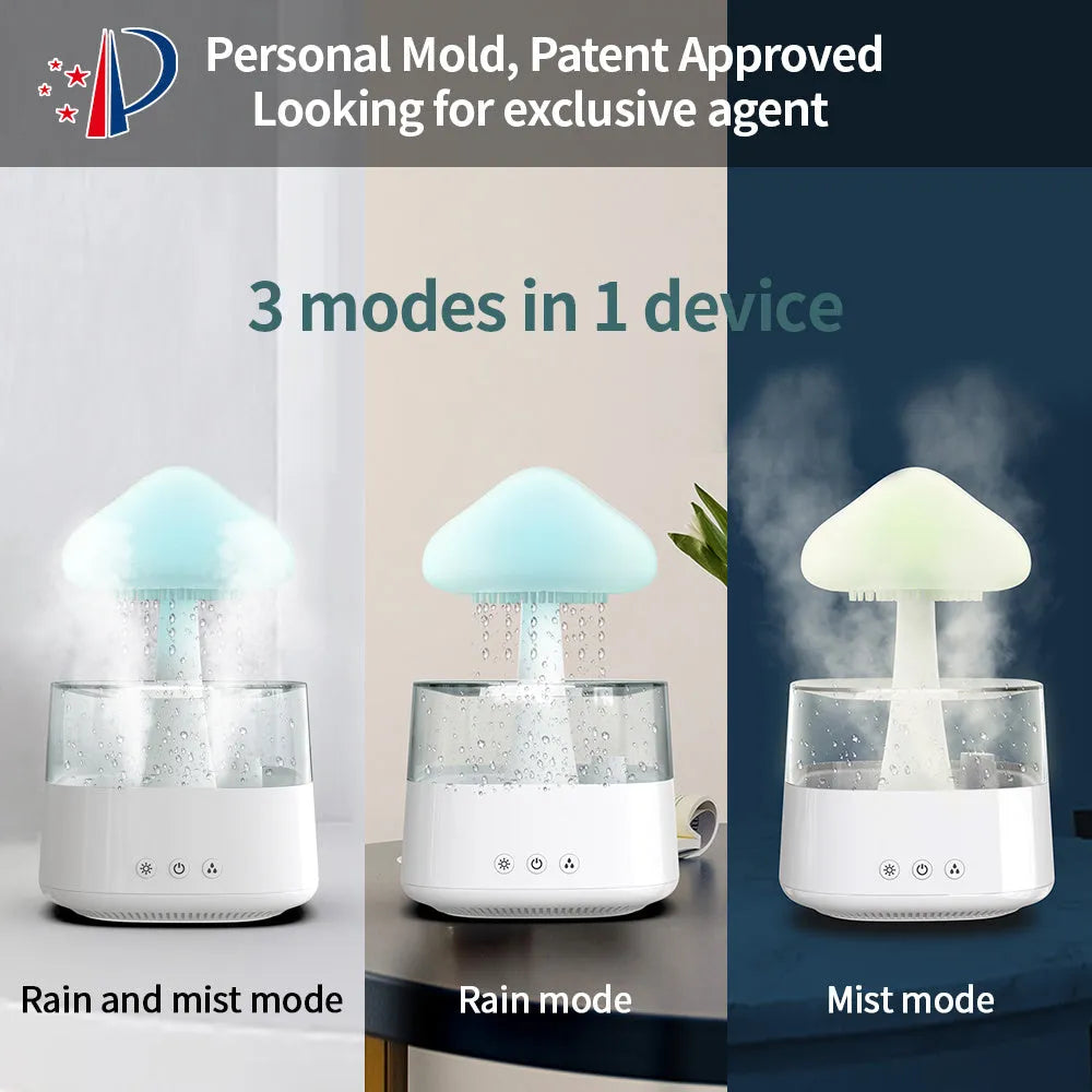 White raining cloud desk humidifier and essential oil diffuser with mushroom lamp night light