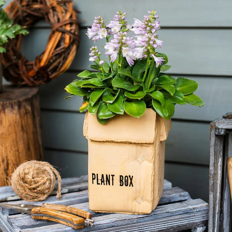 Cement brown paper box style flowerpot with drainage holes for indoor plants