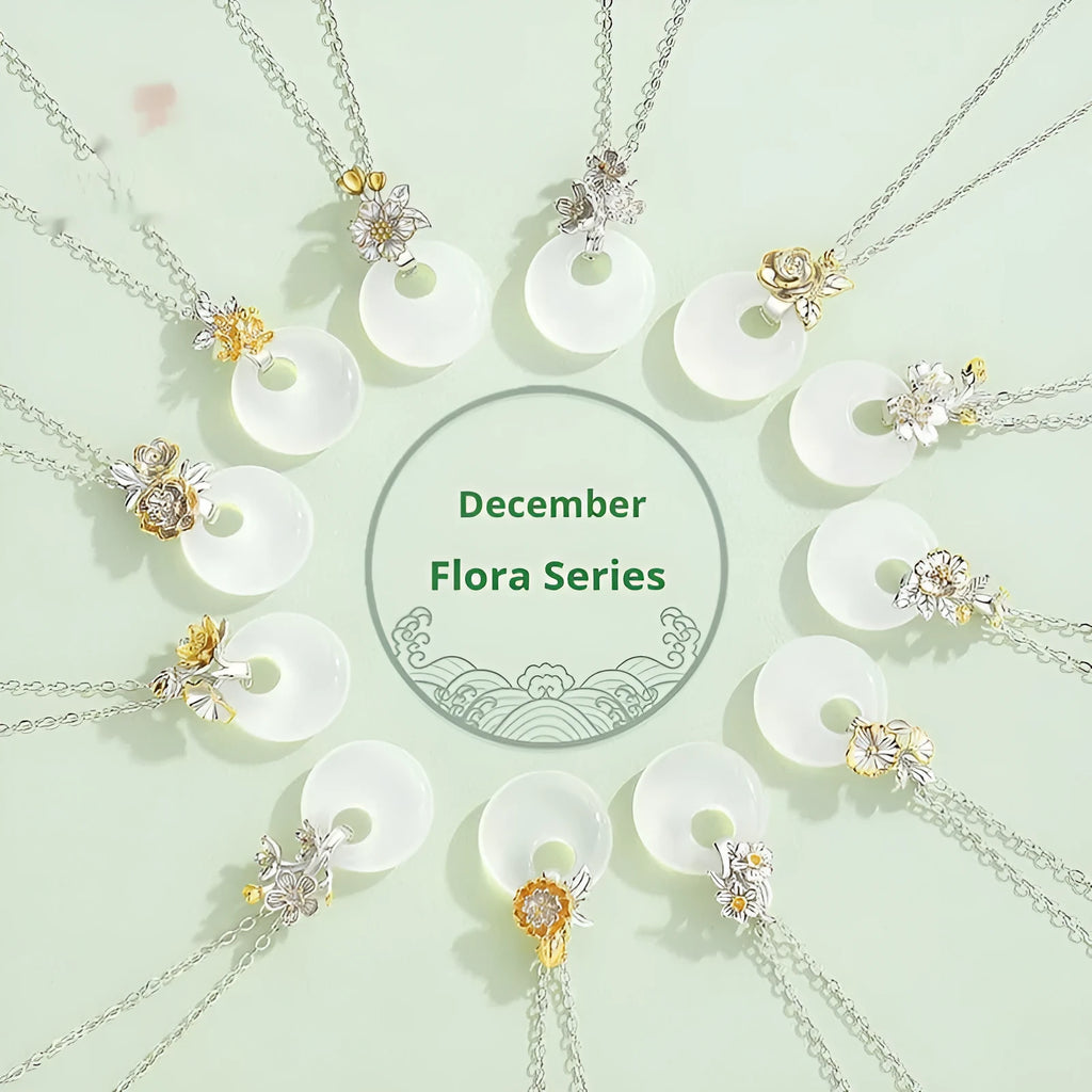 White chalcedony flower pendant necklace in S925 silver with peace buckle, shown in a choice of 12 floral styles