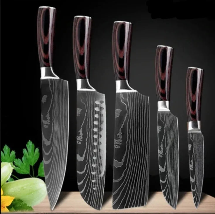 Carpenter's Special kitchen knife with laser Damascus pattern blade and coloured wood handle