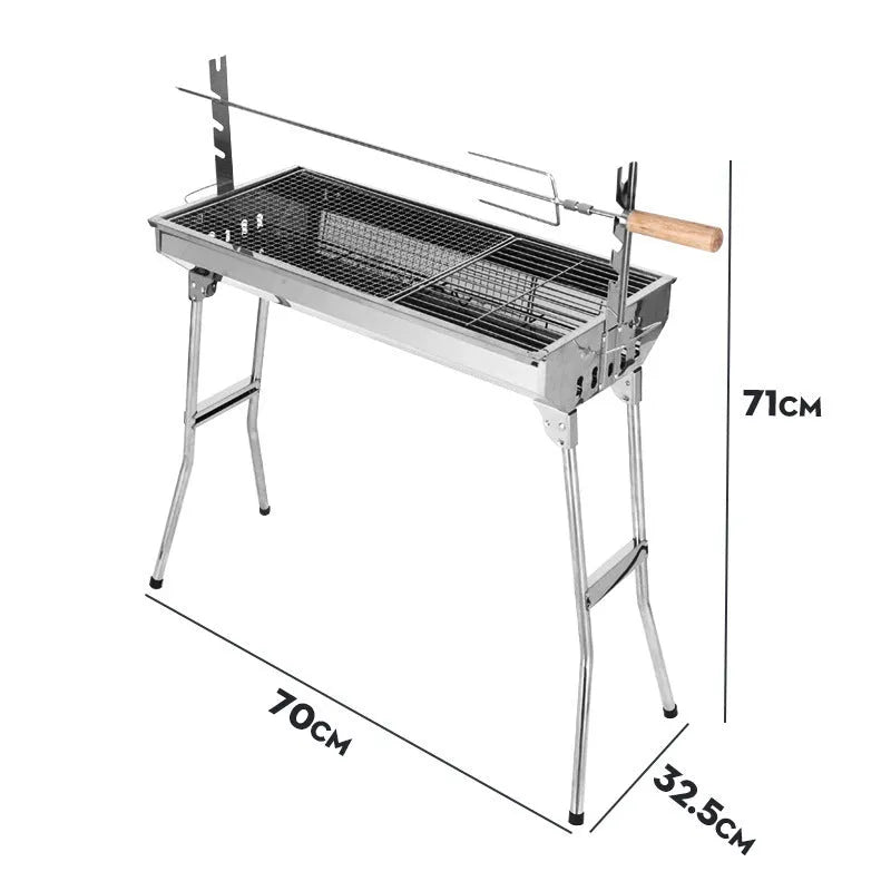 Stainless steel large turnover charcoal barbecue oven with iron grills and safety net.