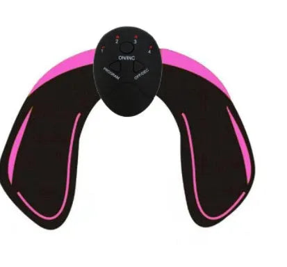 Compact EMS hip muscle training stimulator device with adhesive gel pads for buttocks and abdomen.