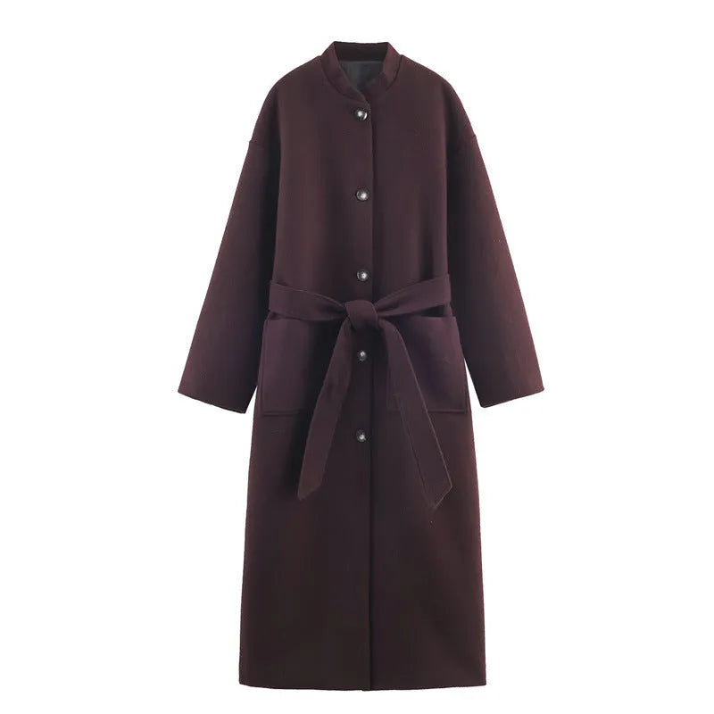 Women's long belted solid colour coat in brown with front pockets, spandex blend, Asian sizes XS to L