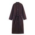 Women's long belted solid colour coat in brown with front pockets, spandex blend, Asian sizes XS to L