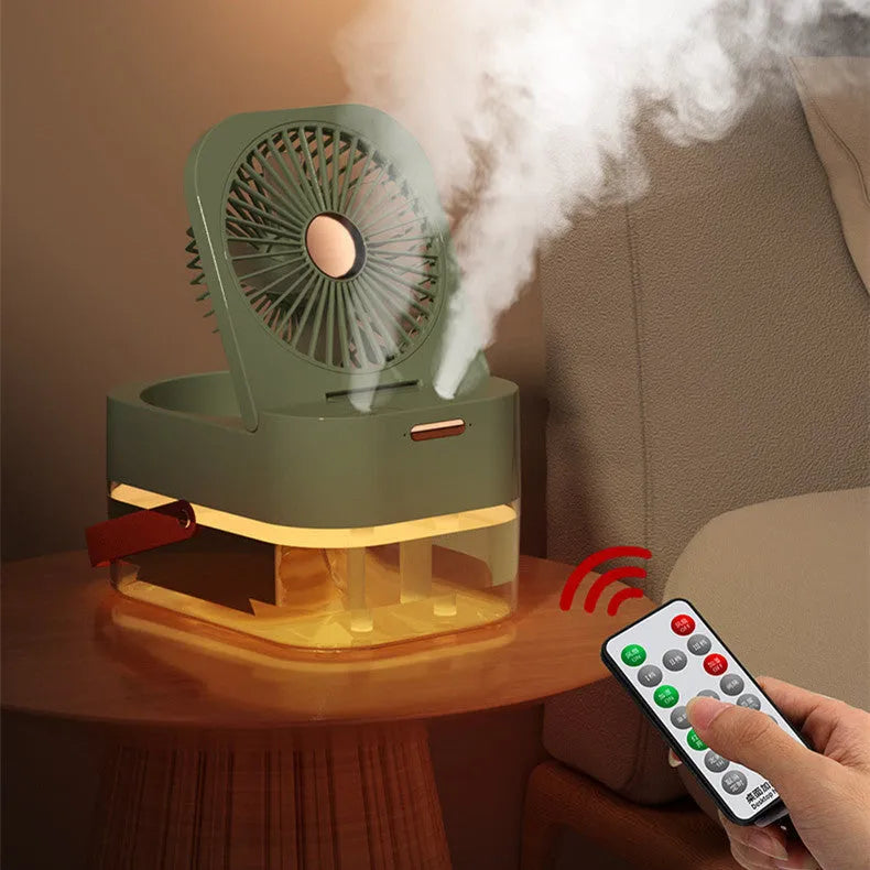 Portable pearl white USB desktop humidifier fan with night light on a wooden desk.