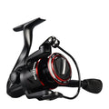 All-metal spinning fishing reel shown in four series sizes with telescopic fishing rod
