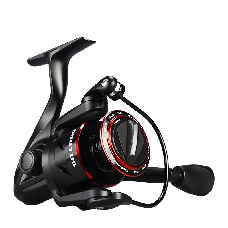 All-metal spinning fishing reel shown in four series sizes with telescopic fishing rod