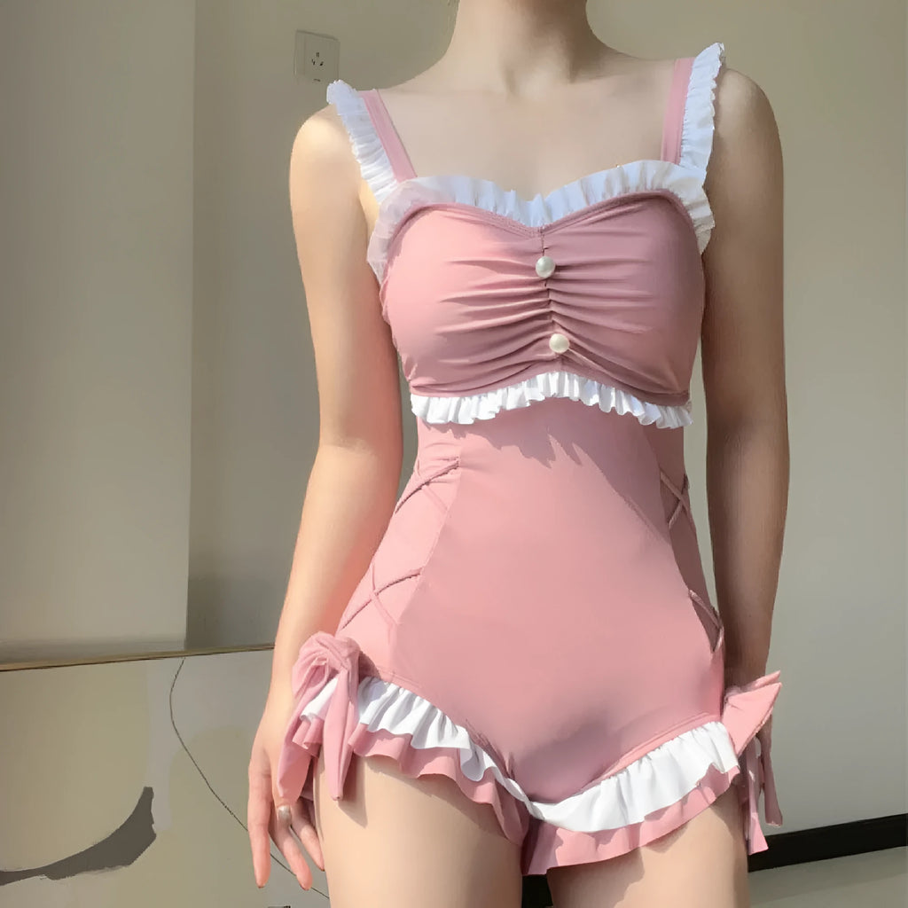 Women's milk silk one-piece swimsuit in solid pink or blue colour