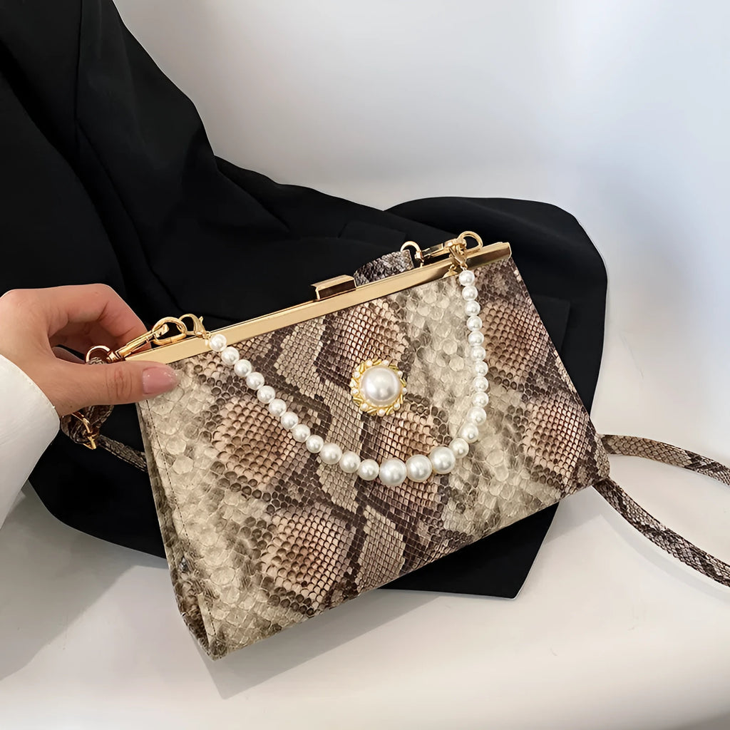 New vintage snake-pattern pearl-chain evening bag hard PU cross-body with 3D pocket and phone pocket in khaki