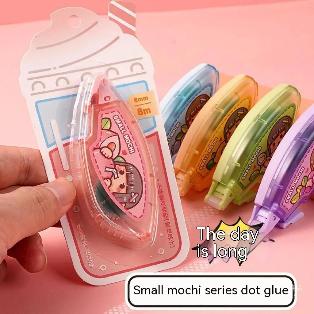 Hand dotting glue dispenser in fruit juice colours like peach and blueberry for traceless adhesive application.