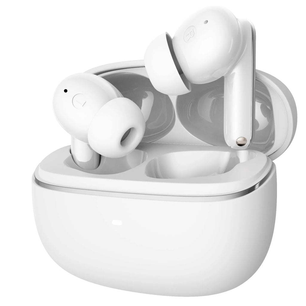 Wireless Bluetooth V5.3 in-ear headphones with ENC noise reduction, white colour, industrial style, digital display charging case