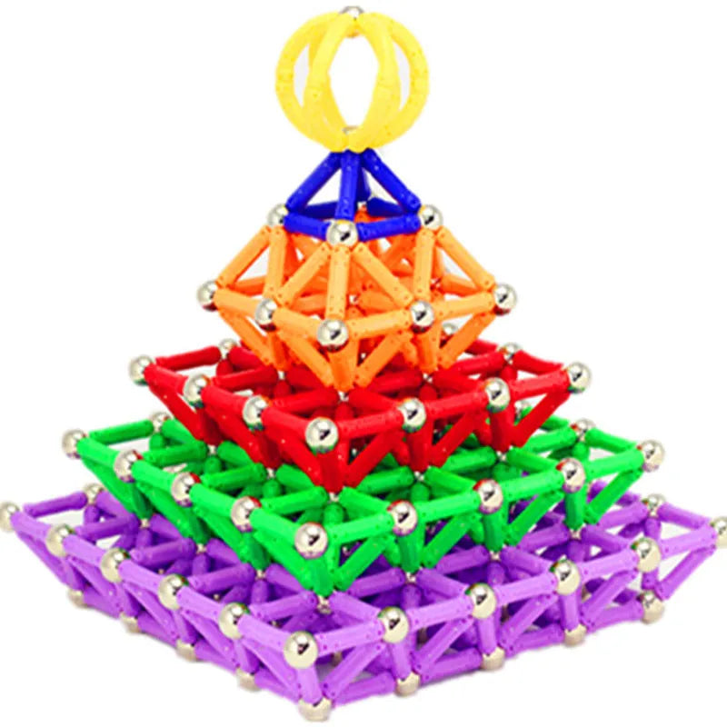 Magnetic building block toy with wooden rods, curved pieces, and 2.7cm balls for construction play