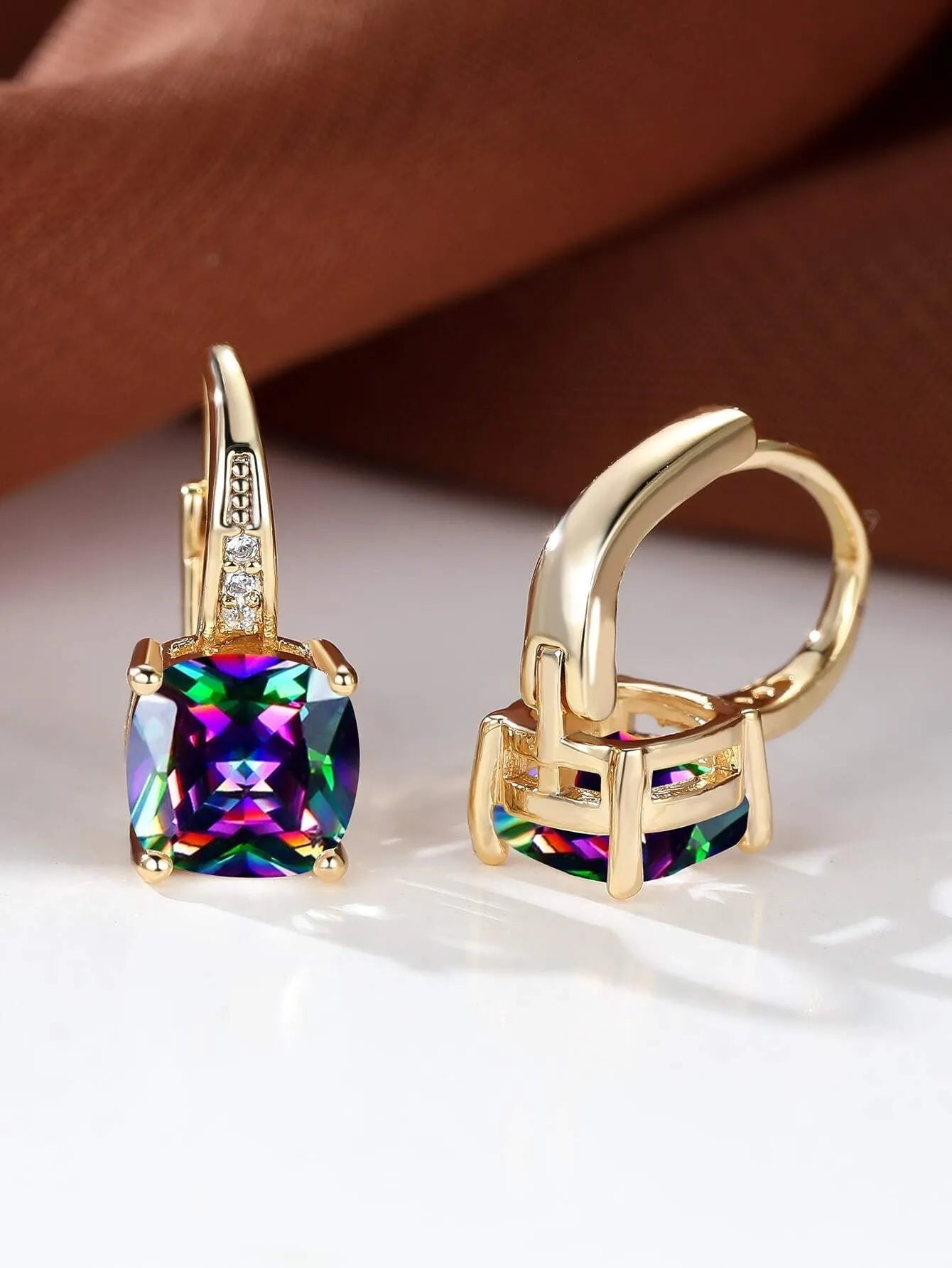 Geometric ear clips with square colourful moissanite inlays and electroplated gold finish