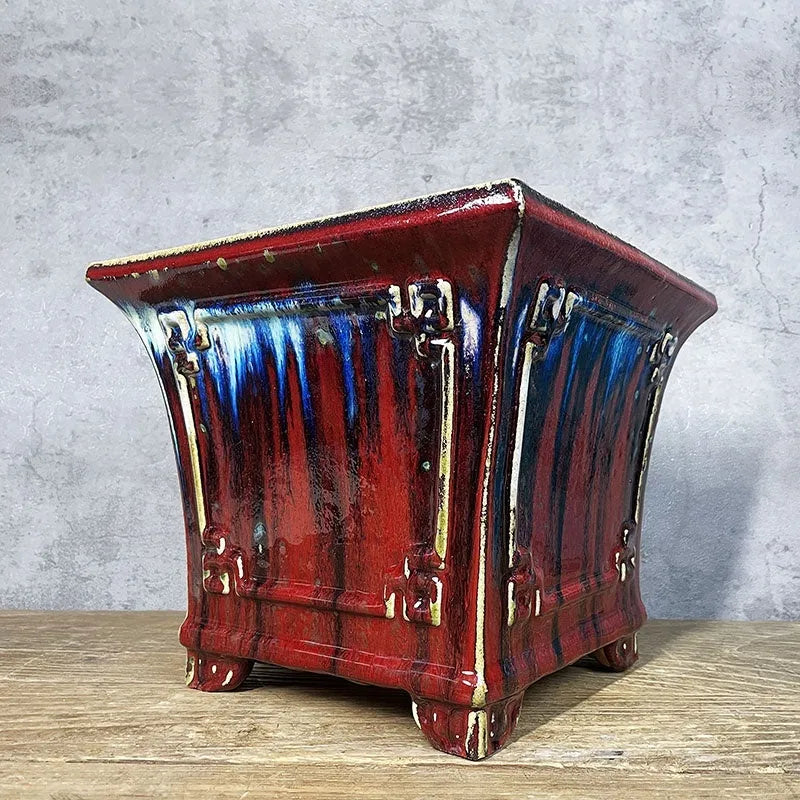 27cm square ceramic orchid pot with glazed retro red or white ice crack finish