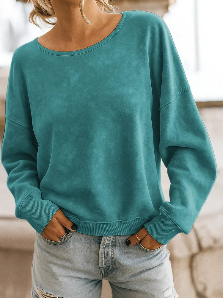 Casual loose long sleeve print round neck knitted sweater hoodie in apricot, polyester jersey street trendsetter pullover