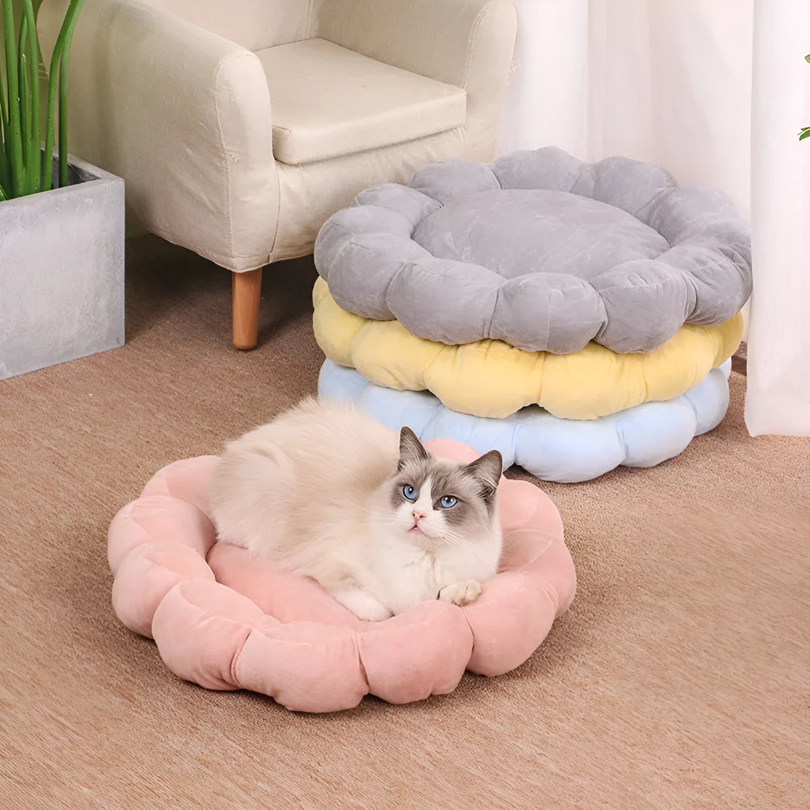 Blue half-surrounded pet nest bed with plush fabric measuring 50x50cm