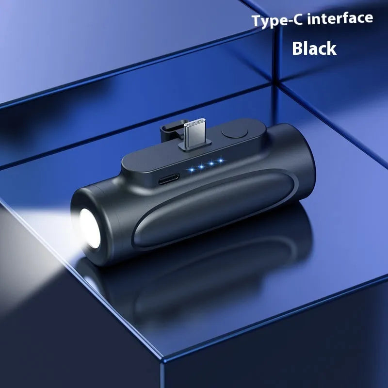 Black Creative Power Bank Glare Flashlight showing USB-C port and LED torch, dimensions 83x27x41mm.