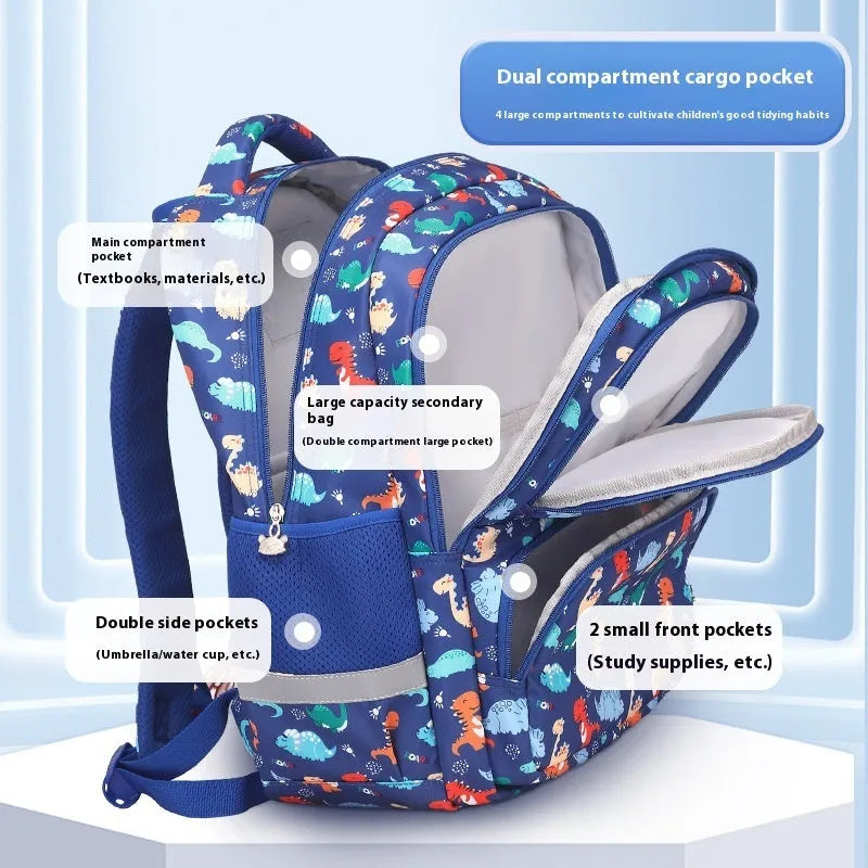 Blue children's school backpack made from Oxford cloth with curved straps, shown in a dinosaur pattern design.
