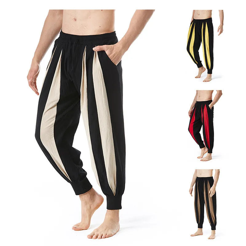 Men's straight-leg casual trousers in polyester available in red, khaki, yellow, and brown colours