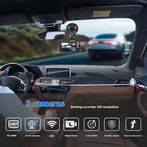 Black WiFi driving recorder with 2-inch screen mounted on car windscreen, showing dual camera setup.