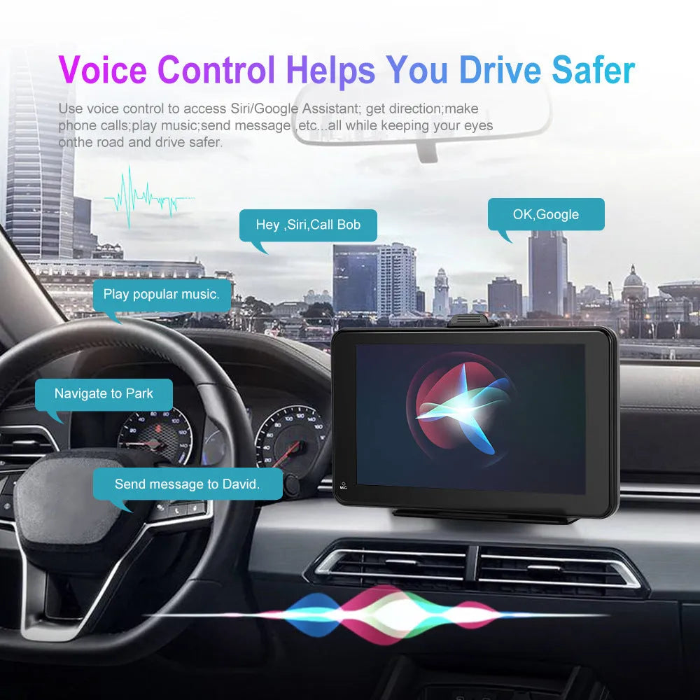 7-inch HD wired smart screen player with display showing menu, alongside its universal vertical and suction cup mounting supports.