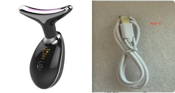 Black and silver EMS thermal neck lifting massager with LED lights for skin tightening and wrinkle reduction.