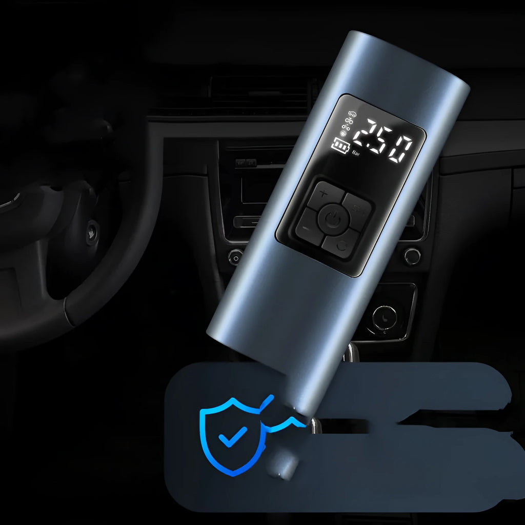 Wireless portable electric car air pump with 60W power, LED light, and flannel storage bag