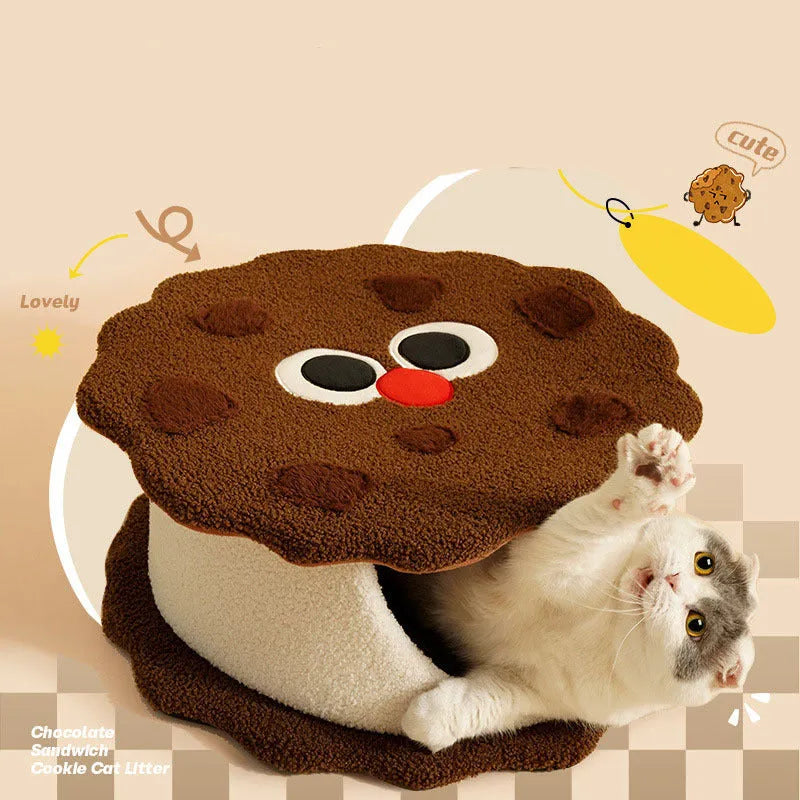 Khaki colour enclosed cat bed shaped like a sandwich cookie for winter sleeping