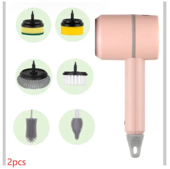 White electric cleaning brush with rotating scrub head and separate scouring pad attachment