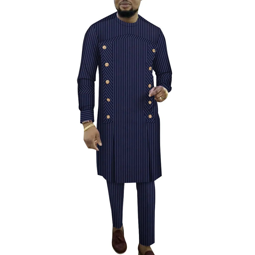 African men's striped cotton robe two-piece set showing long sleeve top and matching trousers