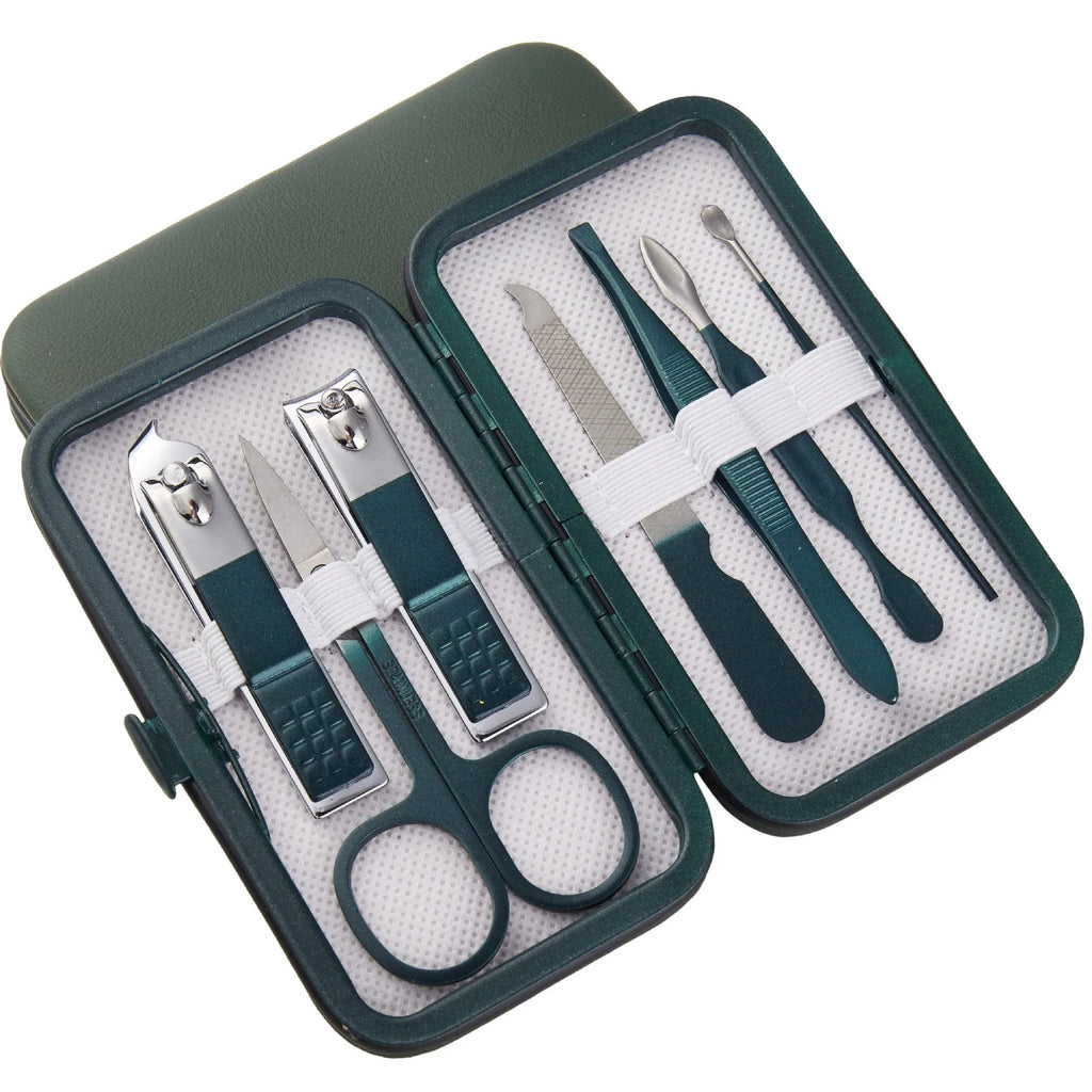 Emerald green pedicure knife nail clippers set box with stainless steel and carbon steel manicure implements in 7 to 18 piece options