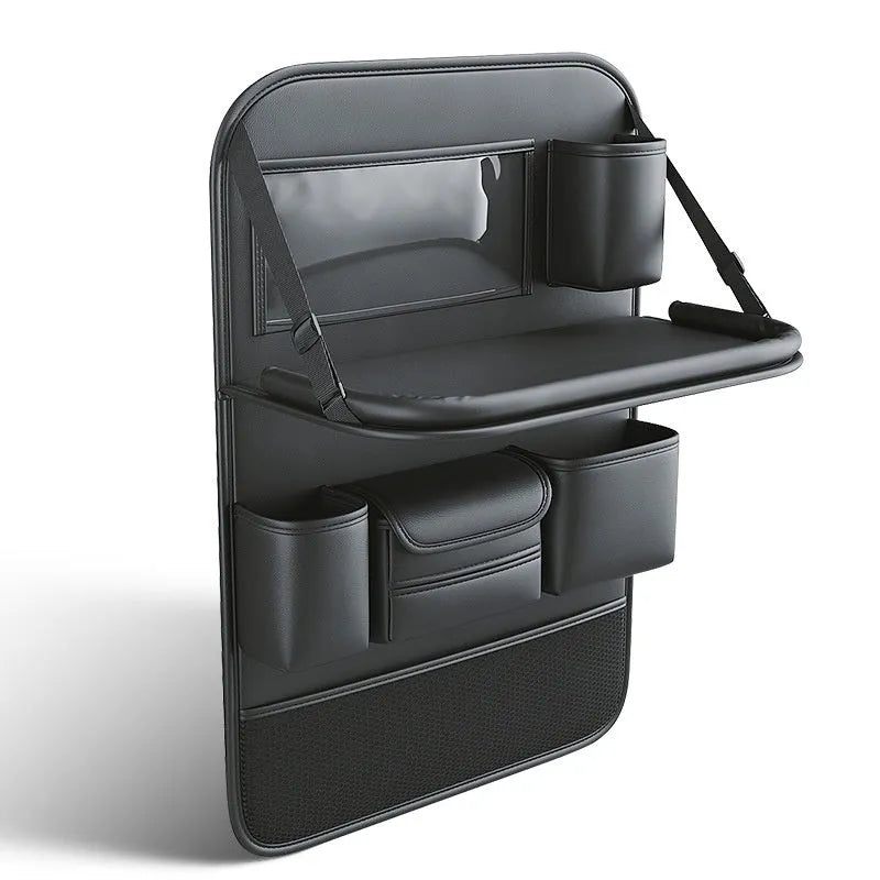 Leather car seat storage bag with foldable dining table in obsidian black colour